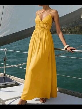 Yellow Spaghetti-Strap Maxi Dress - Elegant Summer Style